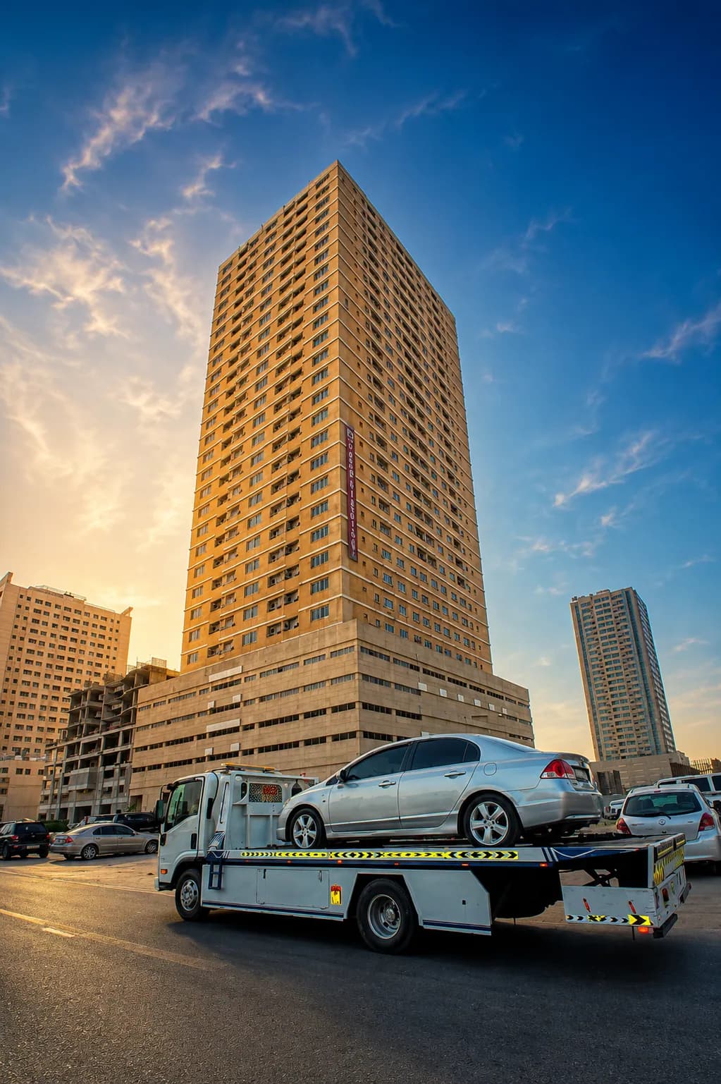 Fast Track Recovery flatbed tow truck loading a car in Dubai